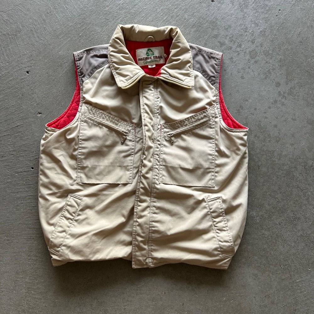 Vintage 80s Pacific Trail Vest Size Medium Tan Red Utility Hooded Gorp Hiking